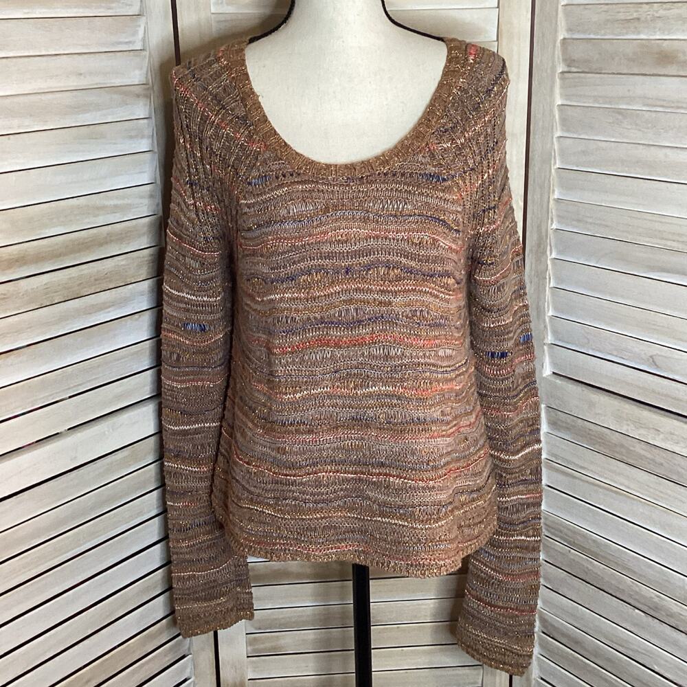 Maje Forum Marled Fall Colors Gold Cotton Linen Scoop Neck Sweater 1 S